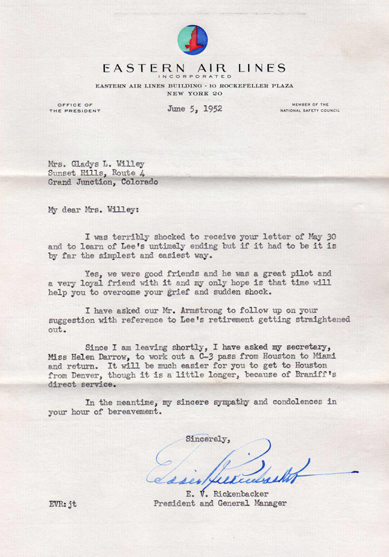 Sympathy Letter from Rickenbacker to Mrs. Gladys Willey, June 5, 1952